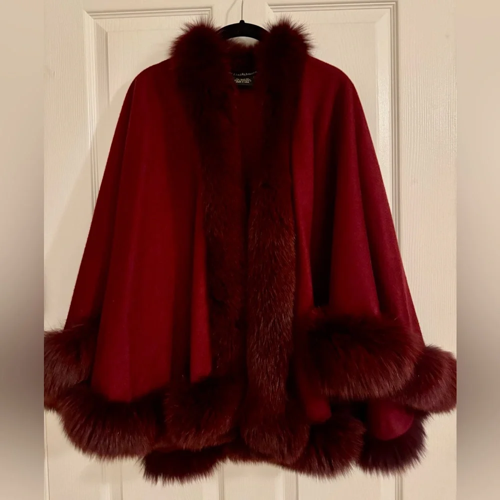 Sofia Cashmere Cervinia Fox Fur Trimmed Burgundy Garnet Red Cape - Petite Length - Picture 3 of 13